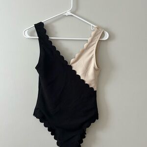 Black and Beige Scalloped Bodysuit